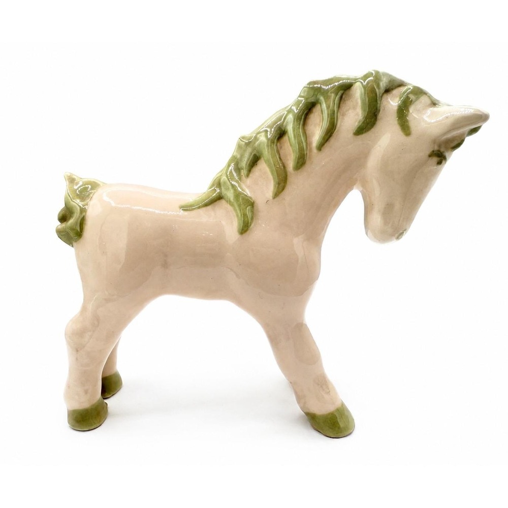 Vintage Ceramic Horse Figurine Cream Blue Flowers Green Mane Glossy Pottery 6"